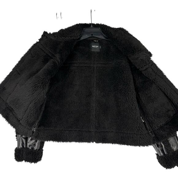 Nasty Gal Aviator Jacket Faux Fur Trim Shiny Black Modern Boxy Size 6 Womens - Picture 7 of 12